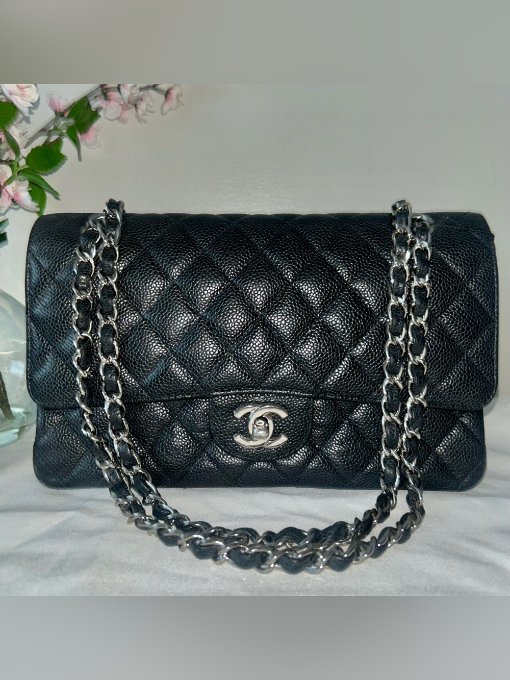 CHANEL Medium Classic Double Flap Caviar Leather Quilted Handbag Black